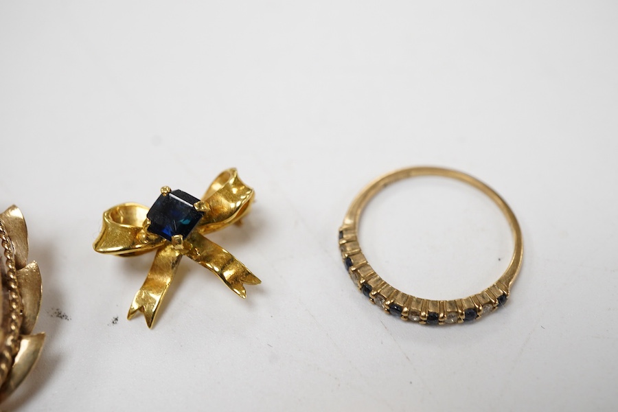 A collection of jewels, including a shell cameo pendant, length 3cm; a chain, length 45.5cm; two sapphire and diamond rings, each size H; and a wedding band, size J, each with British hallmarks for 9ct gold, combined gro